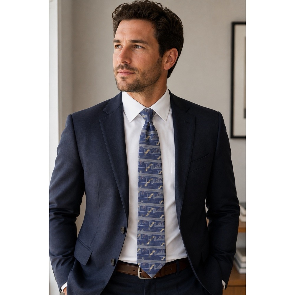 Robert Stock Men's 100% Silk Tie Blue Gold Geometric Pattern Necktie